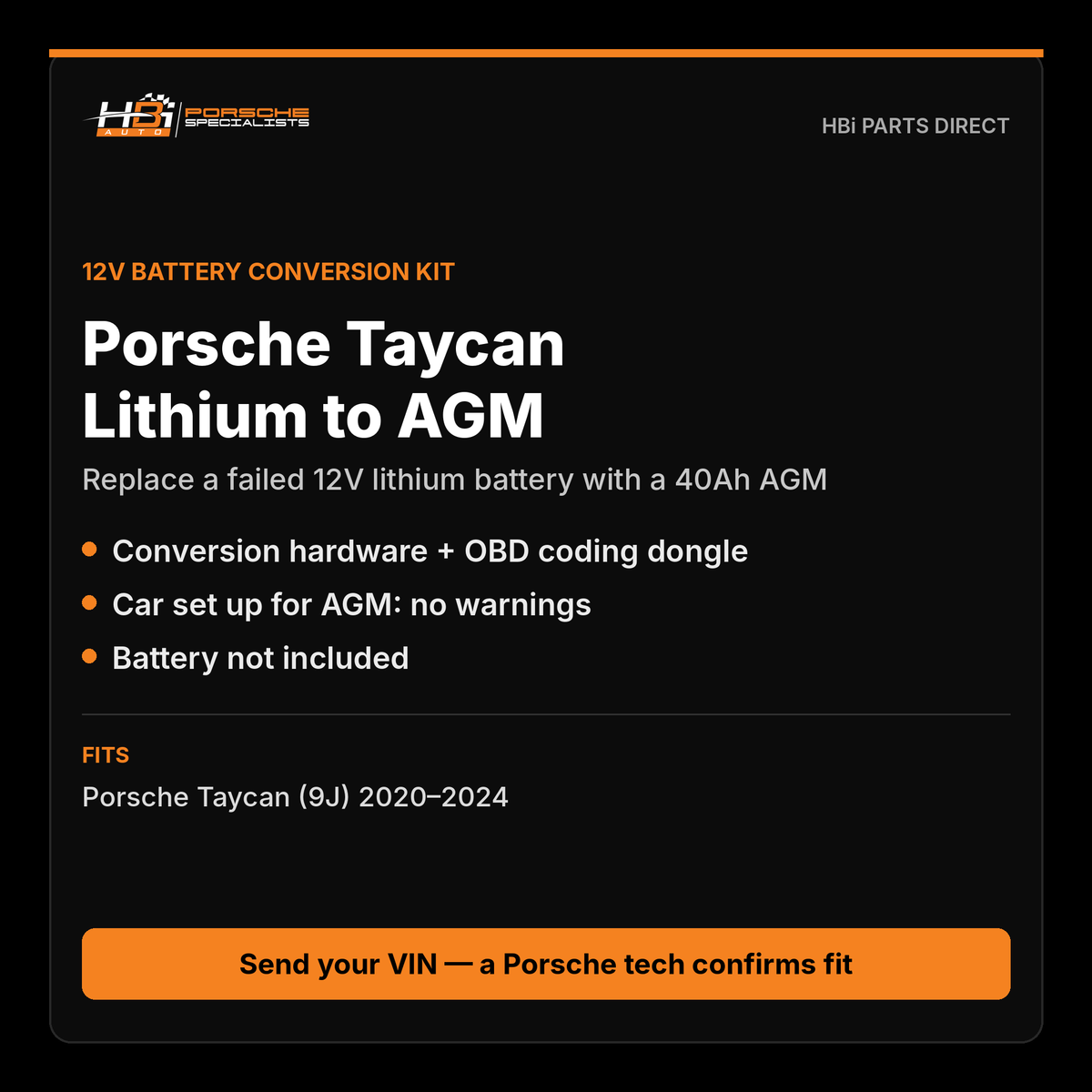 Porsche Taycan 12V lithium to AGM battery conversion kit by HBi Parts Direct
